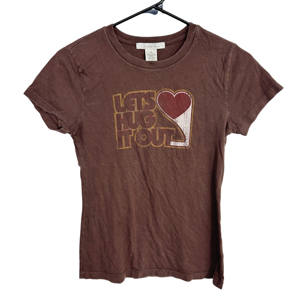 Y2K Baby Tee Brown Fitted Graphic Heart Shirt Small Indie Sleaze Mallcore